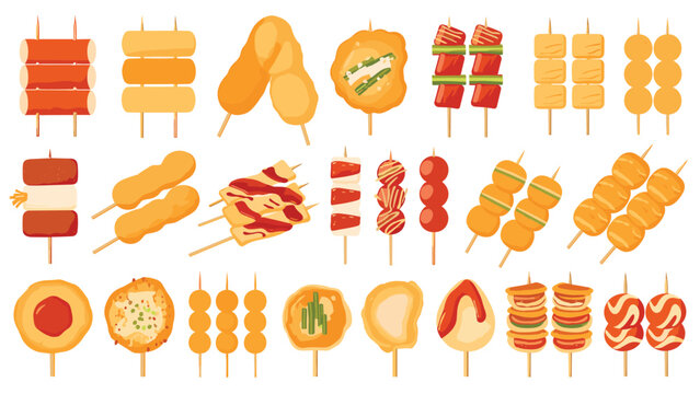 Wide variety of popular Korean street food skewers and fried snacks displayed in a colorful grid on a white surface.