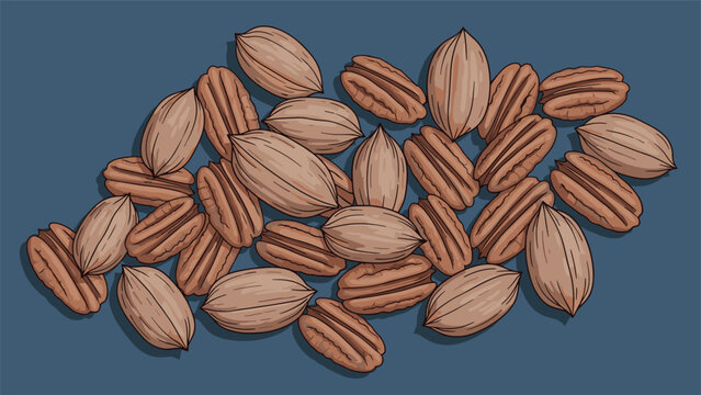 Large pile of whole and halved pecans showing rich inner texture and brown outer shells on a dark teal background.