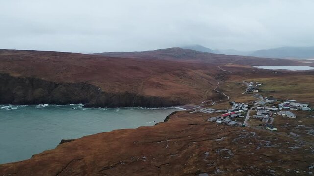 Drone shot of the village of Aird Uig on the Isle of Lewis on a cloudy day.