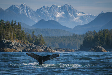 Whale tail above ocean water with rocky forested coastline and snow capped mountain range in background under clear sky, creating serene and majestic natural scene