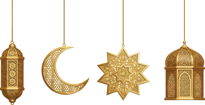 Golden Ramadan hanging ornaments with lantern crescent moon star and mosque lamp isolated on white background elegant Islamic vector illustration set