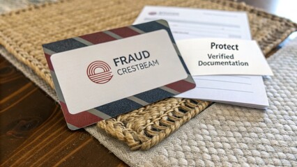 Fraud Prevention Card with Stylish Design and Document Verification Instructions on a Rustic Tabletop