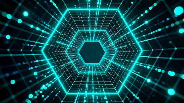 Futuristic glowing hexagonal grid tunnel