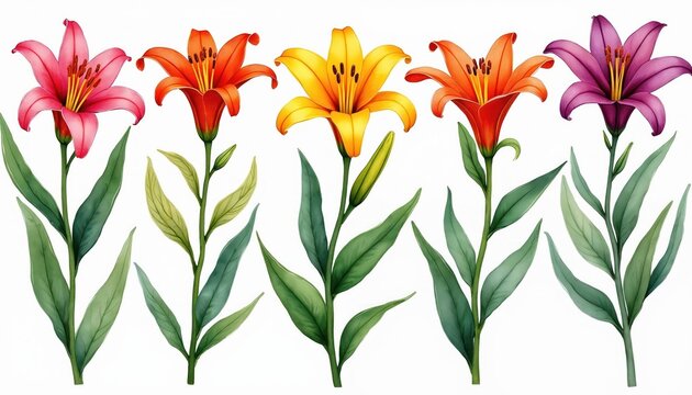 Watercolor gloriosa lilies in pink orange yellow and purple bloom. These vibrant flowers with green stems and leaves provide beautiful botanical art for design.