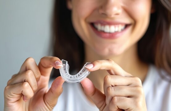 Woman smiles holding clear dental mouthguard. Protects teeth from grinding, clenching, aids jaw relaxation. Orthodontic appliance for TMJ, bruxism relief, sleep comfort.