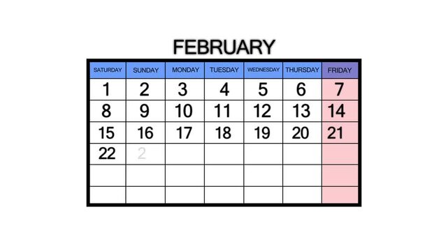 The calendar of February month 22th day is red circled, looped animation. A very important date in the calendar. Signing a day on a calendar. white background