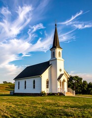 A white wooden chapel with a tall steeple stands on a grassy hill under a vibrant blue sky with wispy clouds during golden hour