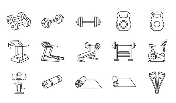 Minimal Black and White Gym Equipment Line Icons Vector Set