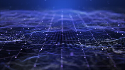 Abstract digital landscape with glowing purple data network and topographic wireframe lines on dark background. © kokotewan