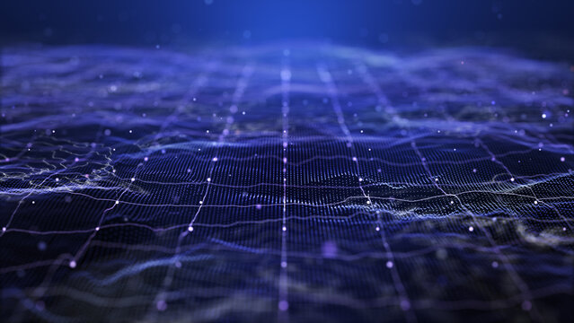 Abstract digital landscape with glowing purple data network and topographic wireframe lines on dark background.
