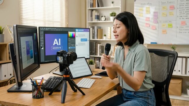 Ai for small business woman hosting live tutorial for home office desk recording product and content creation with microphone camera dual monitors