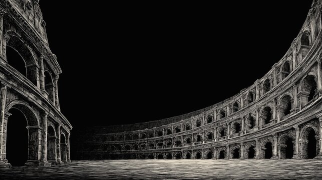 A dramatic historical narrative backdrop for storytelling and branding, depicting the ancient Roman Colosseum at night in detailed monochrome.