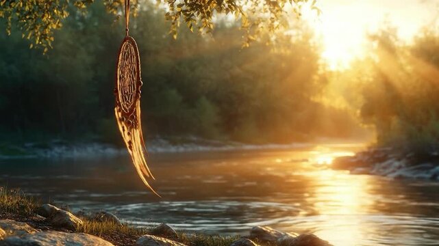 A traditional dreamcatcher with feathers hangs from a tree branch over a tranquil river at sunset, with warm sunlight creating a golden glow over the water.