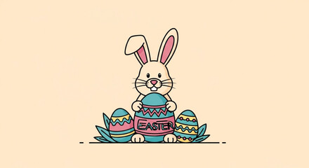 Fototapeta premium Easter bunny holding decorated eggs in pastel colors on a beige background with leaves