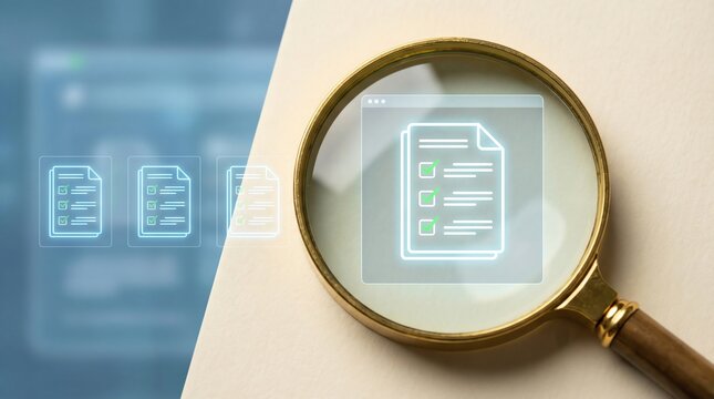 Document checklist inspection &ndash; magnifying glass reviewing digital forms and compliance lists