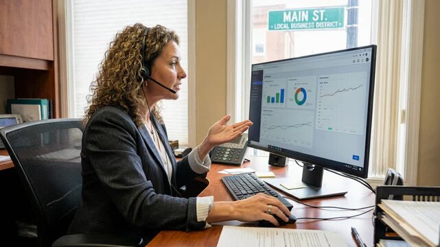 AI business analyst and consultant headset office desk with computer monitor displaying sales chart graph and financial dashboard for small business