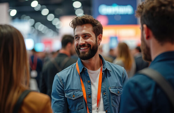 Man smiles at trade fair in conversation with colleagues. Professionals network at busy convention hall, discuss ideas. Businesspeople gather at expo event.