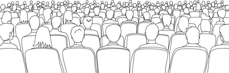 Obraz premium Audience crowd seated in theater hall, people watching event, conference or cinema, line art illustration isolated on white background