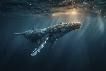 Fototapeta premium Humpback whale swimming underwater near surface with sunlight rays penetrating ocean water creating dramatic and peaceful marine scene