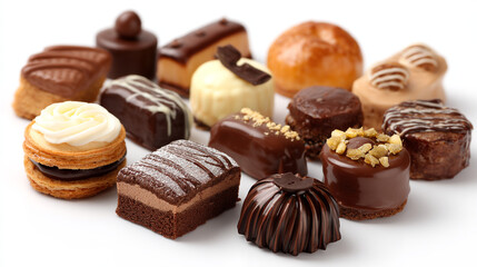 A variety of assorted chocolates and pastries on a white surface for dessert
