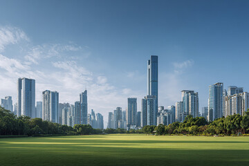 Obraz premium Wide angle city skyline with green park and street view under clear blue sky, modern skyscraper buildings surrounded by trees and open grass field creating peaceful urban scene