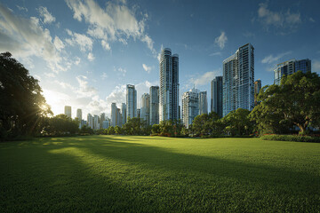 Obraz premium Wide angle city skyline with green park and street view under bright blue sky with scattered clouds and sunlight creating peaceful urban atmosphere