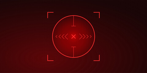 Crosshair Hud red. Futuristic simulator. Target accuracy and bullseye practice. Tech navigation featuring laser reticles and neon lights. Flat Vector illustration.