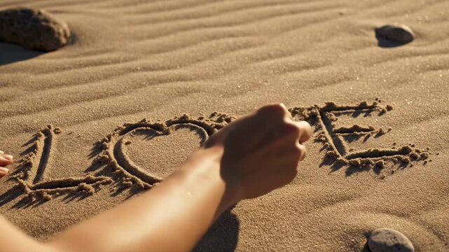 A hand is drawing the word LOVE in the sand on a beach. The word is etched into the rippled sand, with shadows cast by the raised edges.