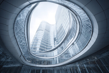 Fototapeta premium Modern curved skyscraper glass building architectural design wide angle view urban structure reflective surface futuristic architecture cityscape office tower steel frame