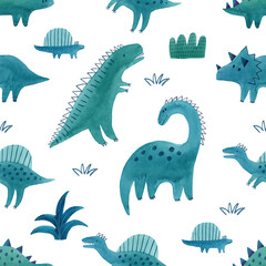 Fototapeta premium Cute cartoon watercolor dinosaurs - hand drawn illustration. Awesome Dino seamless pattern