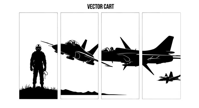 Military pilot with fighter jets in flight aviation silhouette black and white vector illustration