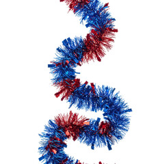 Fototapeta premium Festive Tinsel Garland: A vibrant tinsel garland, intertwining the patriotic hues of red and blue, cascades in a playful spiral, creating a visual symphony of celebration.