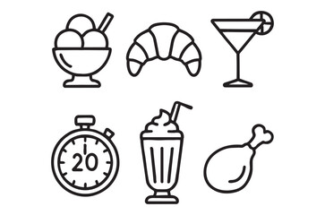 Simple black outline illustrations of ice cream pastry cocktail milkshake and chicken high quality professional