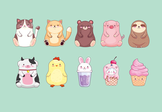 Kawaii Animals Illustration Design Set