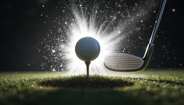 Golf club approaches ball on tee, mid-swing impact creates explosion of dust and light. Grass and fairway visible. Intense athletic moment captured dynamically.
