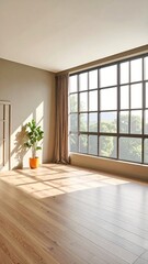 Fototapeta premium Airy room window, plant, wood floor, sunny light