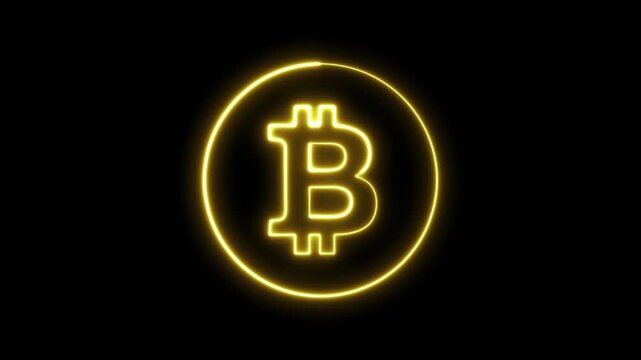 Animated neon Bitcoin logo glowing with yellow golden light in a circular frame on black background for cryptocurrency finance and digital asset clips