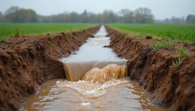 Brown water streams through a dirt ditch in a green field. Eroded soil banks show rushing water cascade. Agricultural land drainage system with murky flow.
