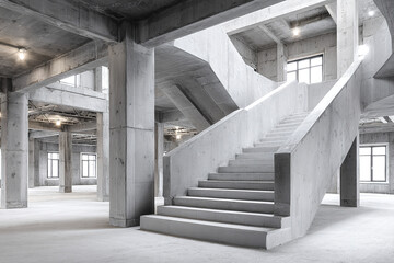 Obraz premium Unfinished concrete building interior with wide staircase and large windows, showcasing raw industrial architecture and spacious open floor plan filled with natural light