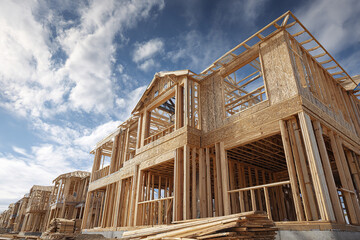 Wood frame house construction site with unfinished wooden structure under partly cloudy sky, showing detailed framing and building progress in residential development