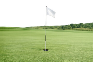 Obraz premium Golf course pin with flag and hole on green grass, ready for putting and achieving goals on transparent background