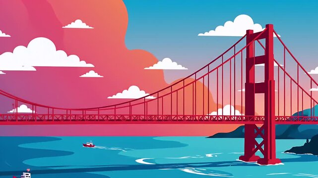 Iconic Golden Gate Bridge with boats on bay at sunset illustration