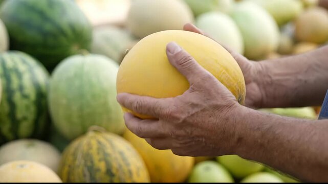 Close-up of hands inspecting a ripe yellow melon at a traditional market stall, emphasizing freshness and local produce selection and buying.