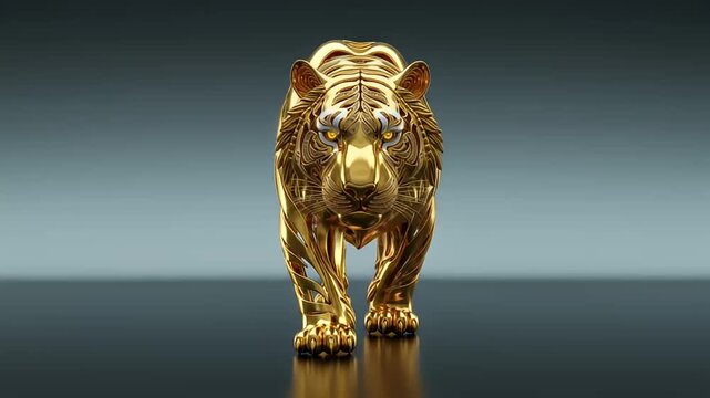 Majestic golden tiger statue walking forward in studio