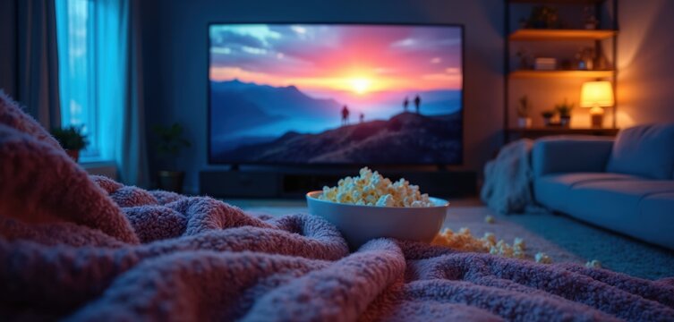 Cozy living room setup for movie night. A soft blanket covers floor with popcorn bowl. Large TV shows mountain landscape at sunset. Relaxing evening at home.