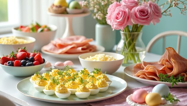 Festive Easter brunch spread with deviled eggs, sliced ham, fresh berries, and pastel eggs. Pink roses in vase and green herbs garnish food. Table set for spring holiday meal celebration with guests.
