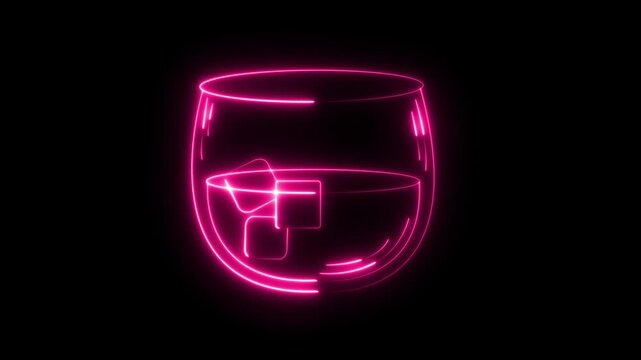 Luminescent Neon Whiskey Ice Cube Glass Motion Graphic, Glowing Beverage Icon Animation, 4K Video Isolated on Black Background for Luxury Bar and Cocktail Designs.