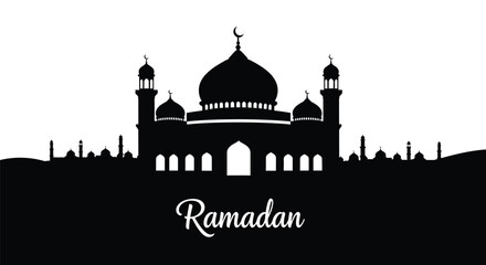 Ramadan mosque silhouette with crescent moon on white background