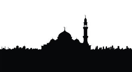 Mosque Silhouette with Dome and Minaret at Sunset or Dawn