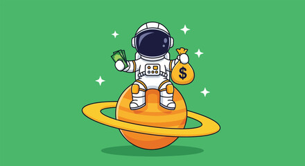 Astronaut sitting on Saturn holding money and money bag. © NFS Studio